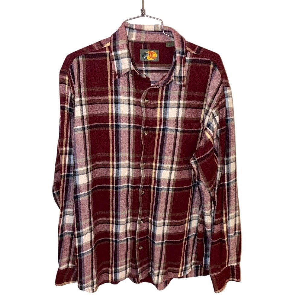 Bass Pro Shops Mens Plaid Flannel Button Down Shirt Burgundy Blue Cream Size LG